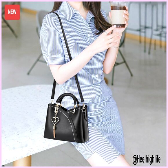 Small PU Leather Crossbody Shoulder Bag with Metal Pendant, 9x4x7 Inches - Picture 2 of 7